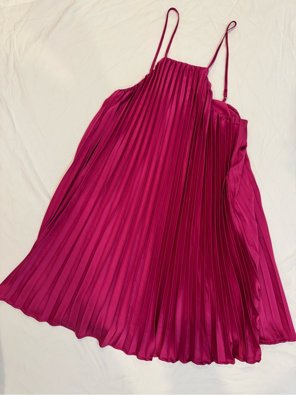 Pleated Satin Spaghetti Strap Dress in Fuchsia